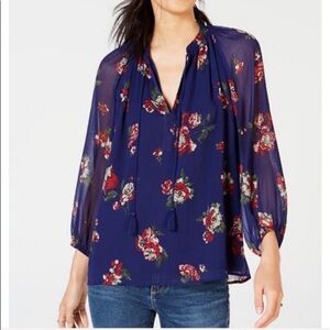 NWT Lucky Brand Blue Floral Sheer Top V Neck Size XS